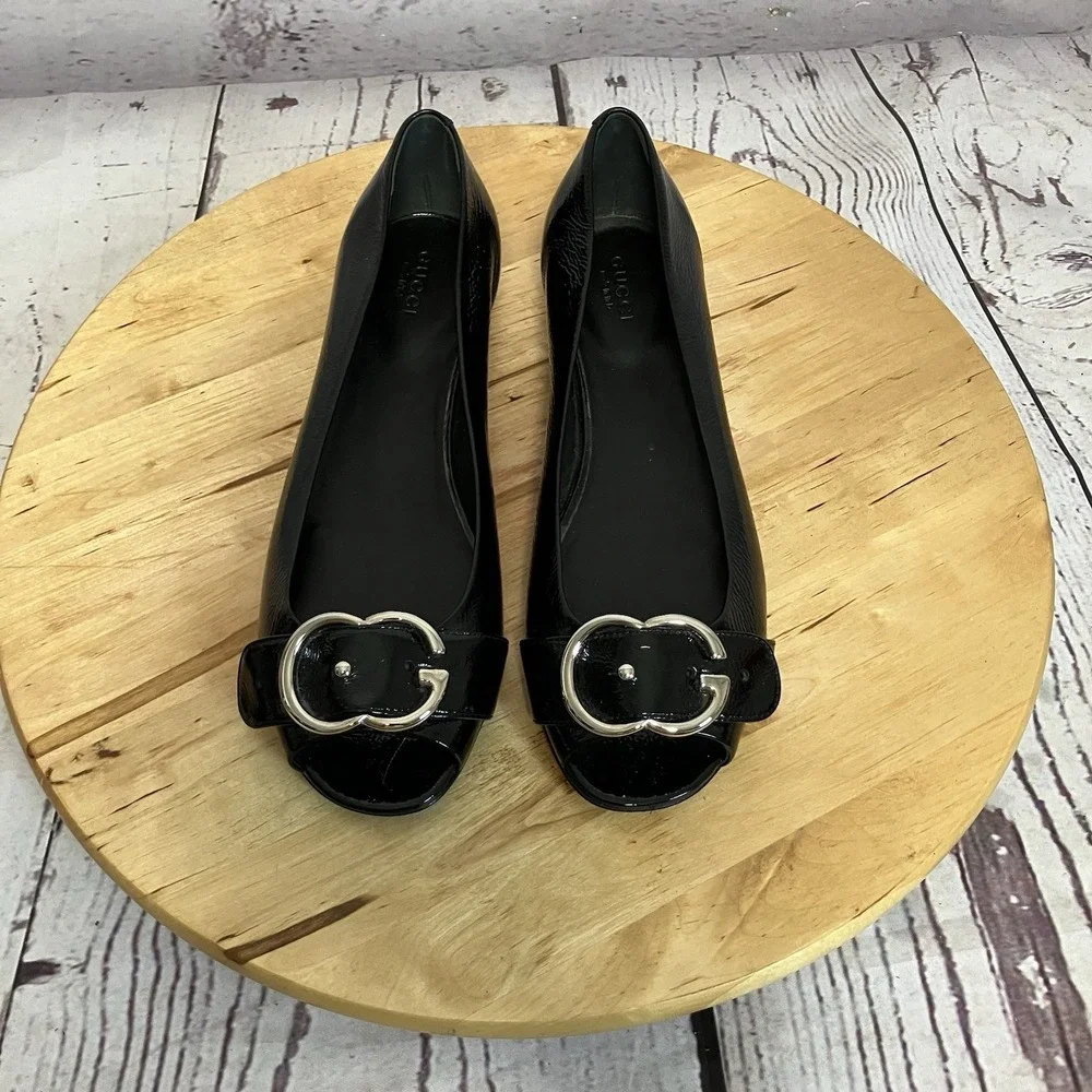Gucci Ballet‎ Flats Womens Size 37EU 7US Black Leather Buckle Peep Toe